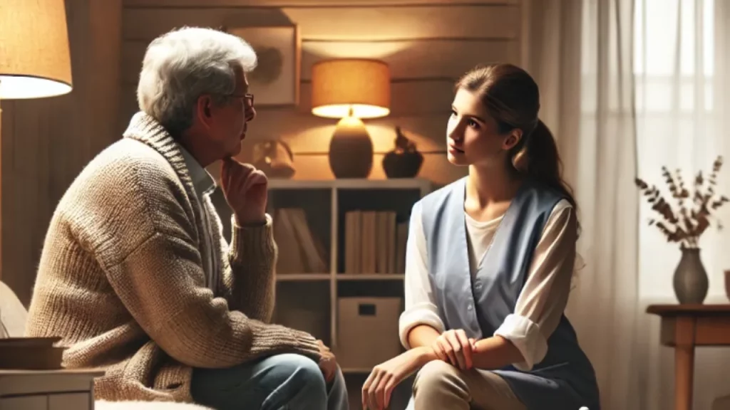 jovem mulher e idoso sentados frente a frente em uma sala com baixa iluminação conversando