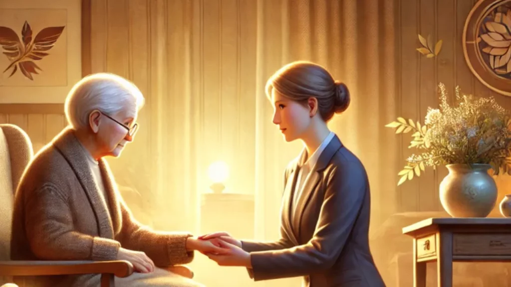 mulher ajoelhada segurando mão de idosa que esta sentada na cadeira.