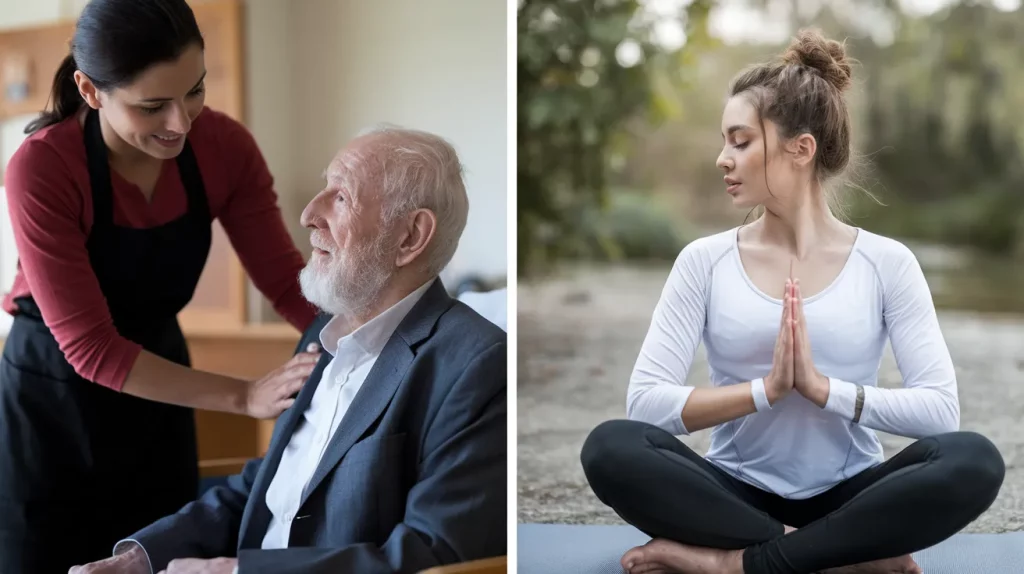 cuidadora cuidando do idoso e na imagem ao lado a mesma cuidadora praticando yoga