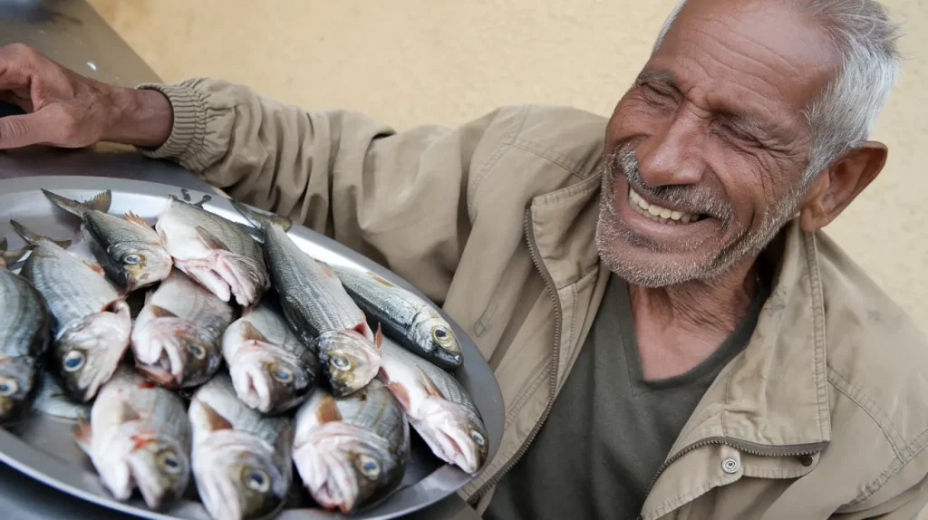 idoso feliz com uma bandeja de peixes