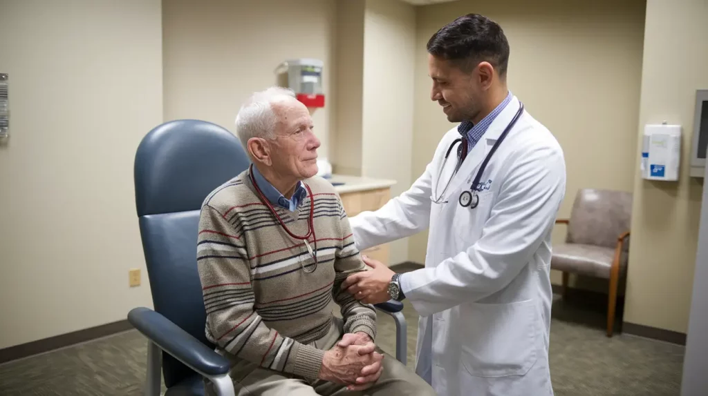 medico fazendo exame de rotina no paciente idoso