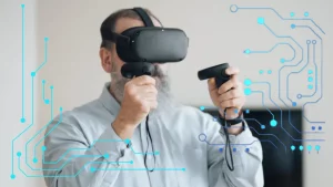 pessoa idosa com óculos de realidade virtual