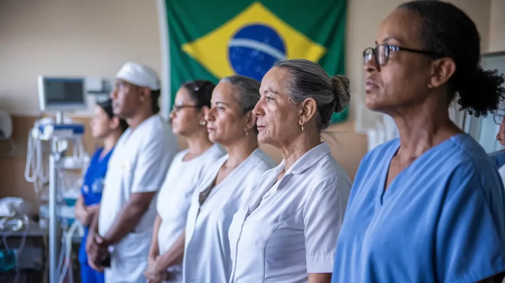 vários cuidadores em fileira com a bandeira do brasil ao fundo.