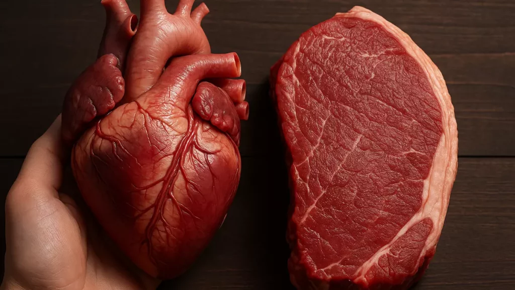 Imagem ilustrando como o excesso de carne vermelha pode afetar diretamente a saúde cardiovascular.