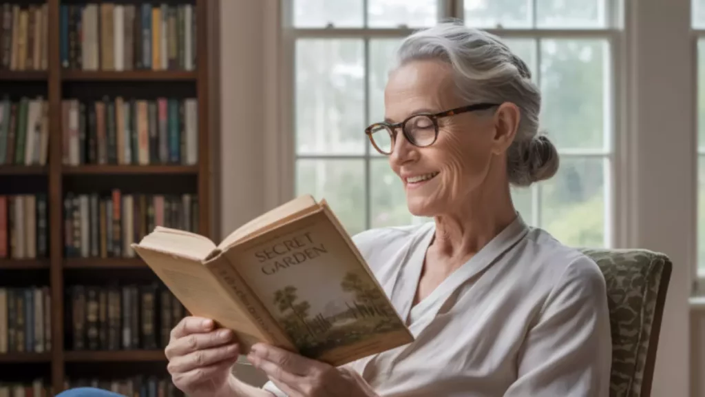 mulher idosa feliz lendo um livro, uma otima maneira de prevenir o Alzheimer