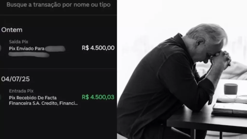 print de movimentação financeira e idoso preocupado